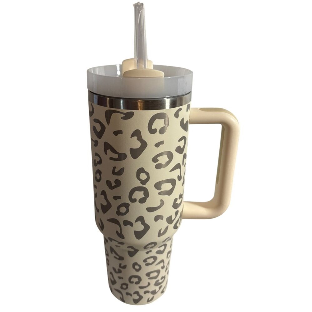 Leopard Print Stainless Steel Insulated Tumbler 40oz With Handle & Straw 10.25"